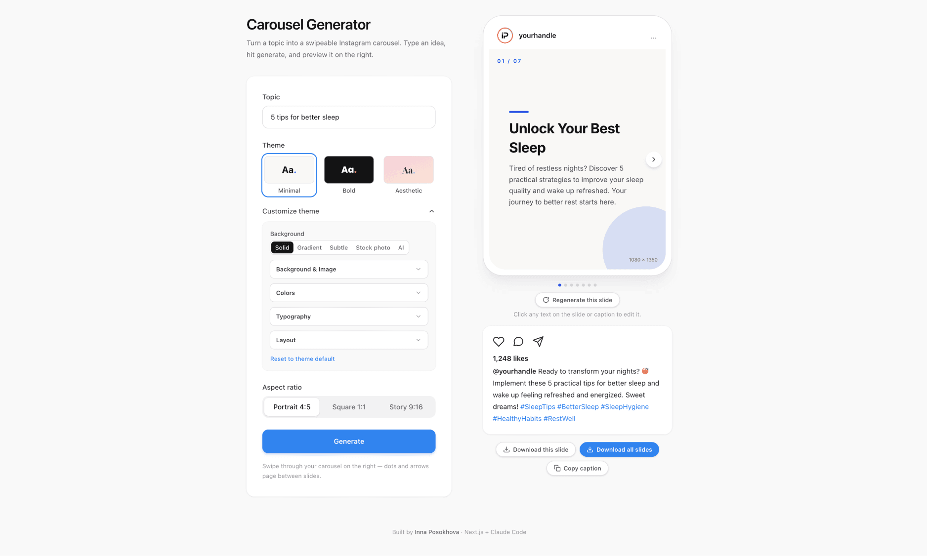 Carousel Generator — topic input, theme customization, and a live editable slide preview