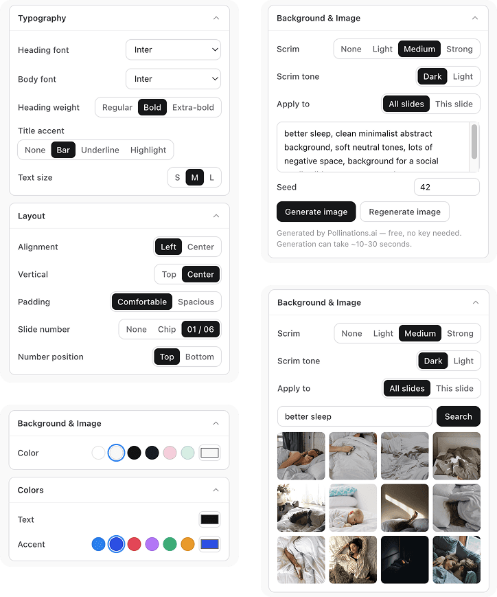 Carousel Generator customization panels — typography, layout, colors, and AI or stock image backgrounds