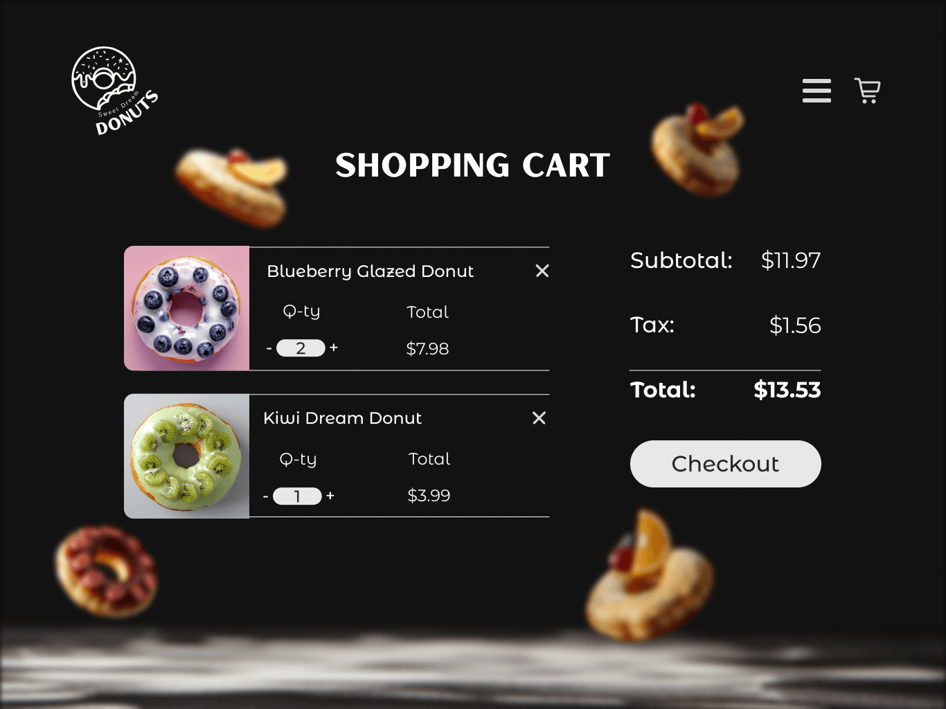 Dream Donuts — shopping cart screen showing visual design and layout