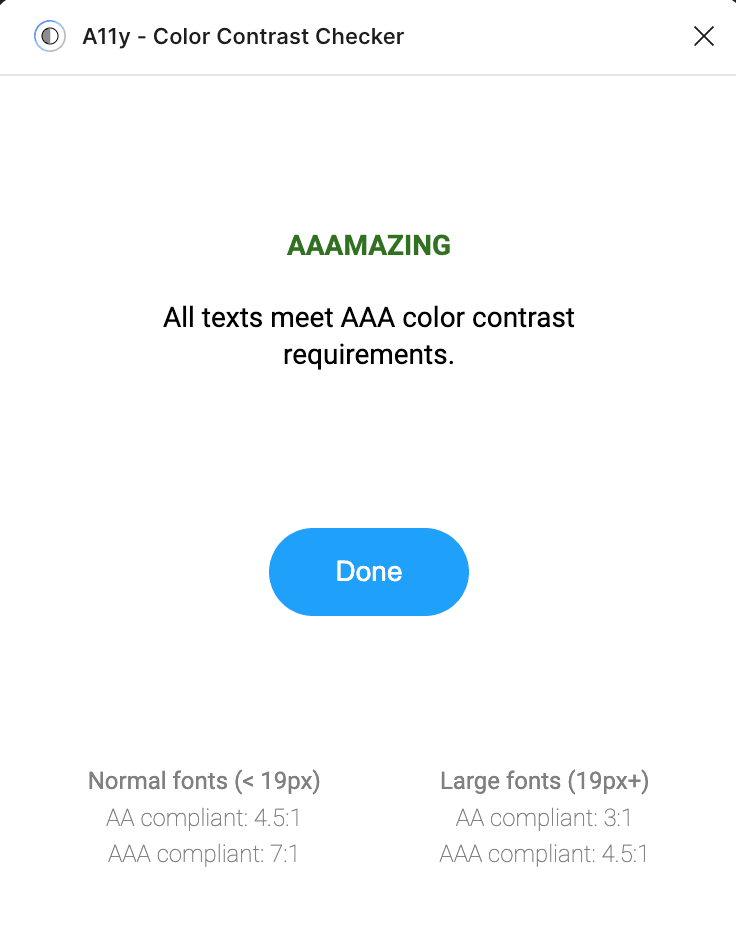 A11y color contrast checker showing AAA compliance for Modo design system colours