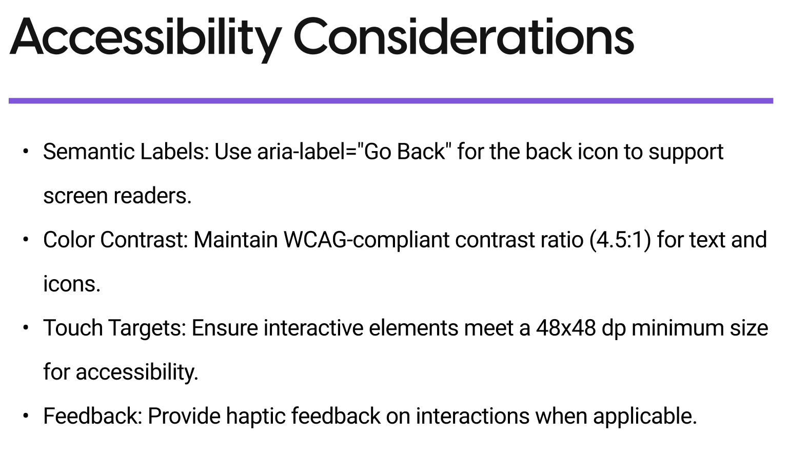 Accessibility guidelines documentation slide covering semantic labels, colour contrast, touch targets, and feedback