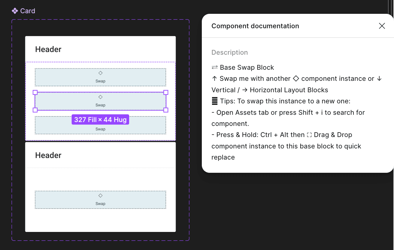 Figma swap-block component architecture showing modular layout blocks and component documentation panel