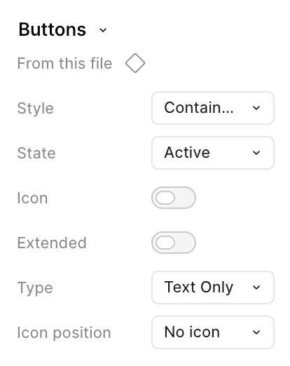 Modo design system — Figma properties panel for the button component