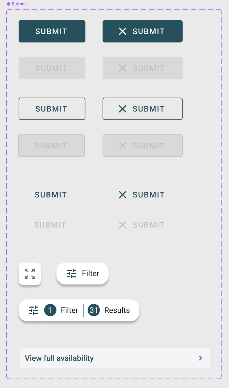 Modo design system — button component variants showing filled, outlined, and text styles