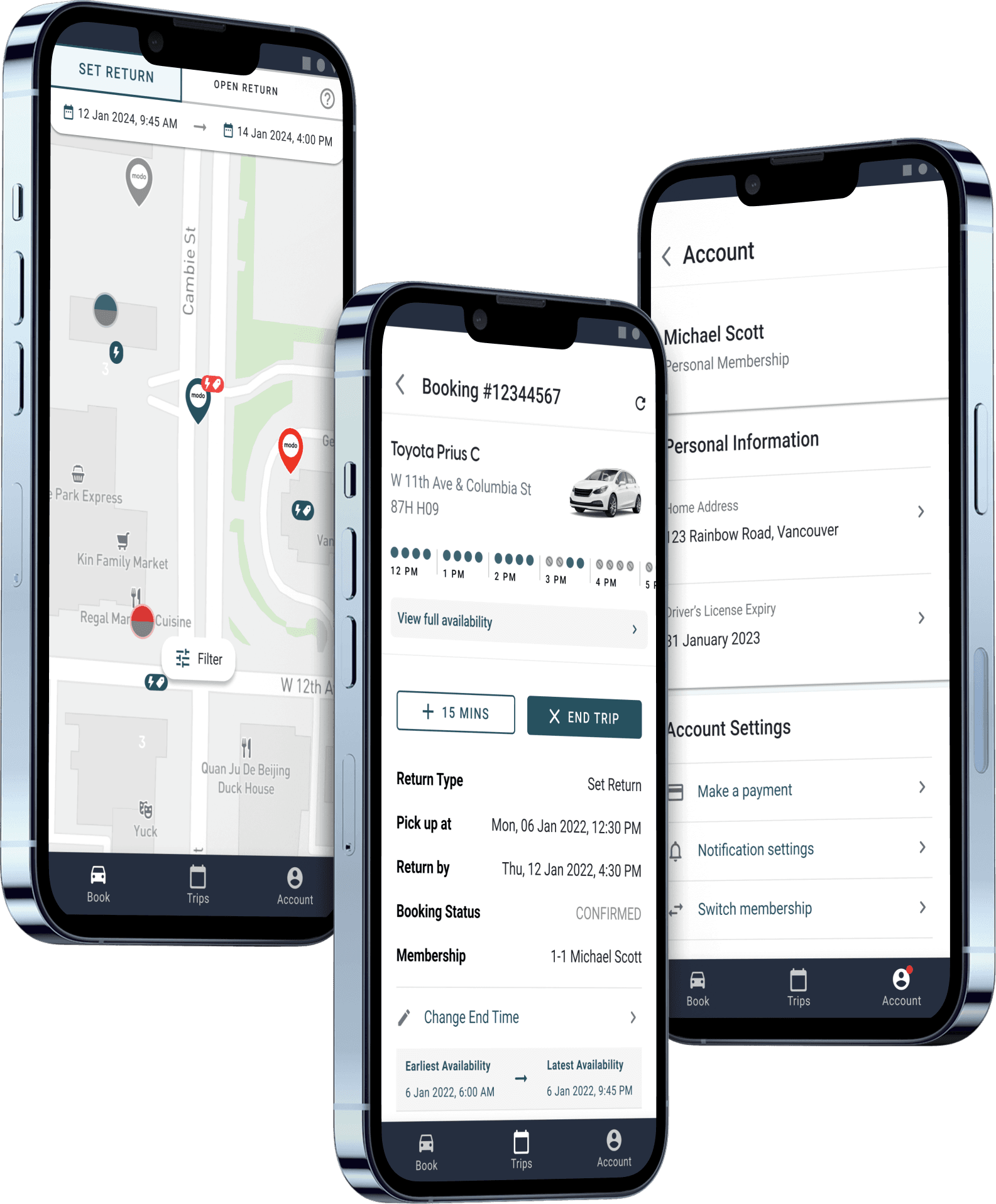 Three Modo mobile app screens showing map view, booking details, and account settings